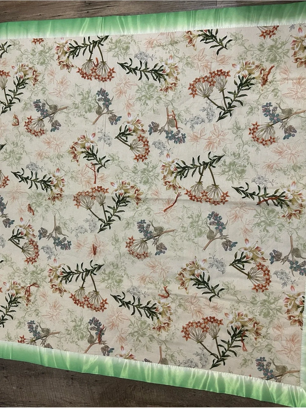 Floral Botanical Print Quilt with Mint Satin Border Handmade